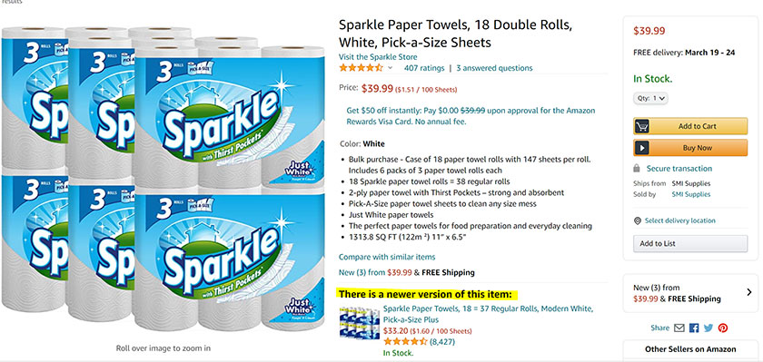 How Amazon’s ‘There Is a Newer Version of This Item’ Tag Helps You Drive More Sales paper towel listing on amazon