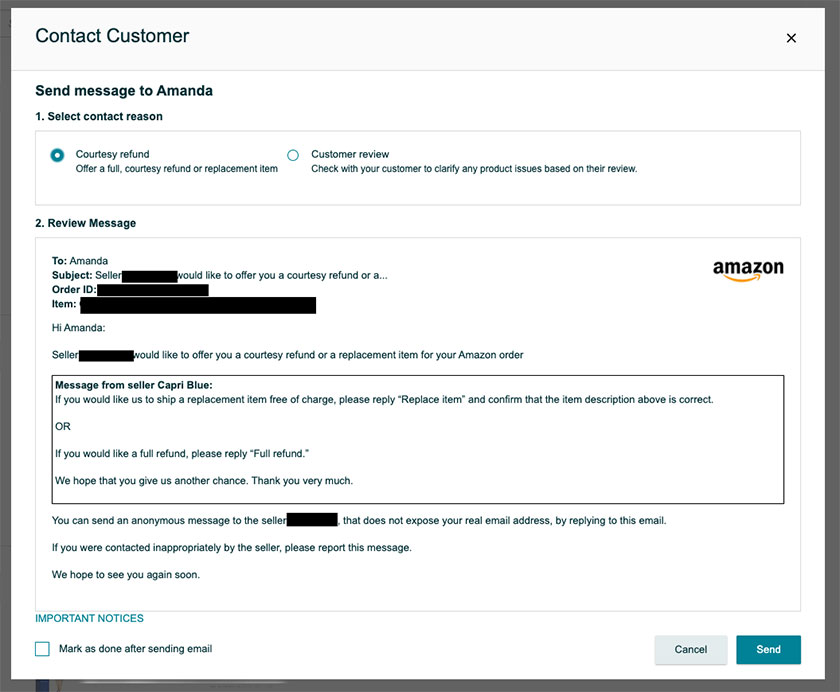 How to Respond to Amazon Negative Reviews courtesy refund email