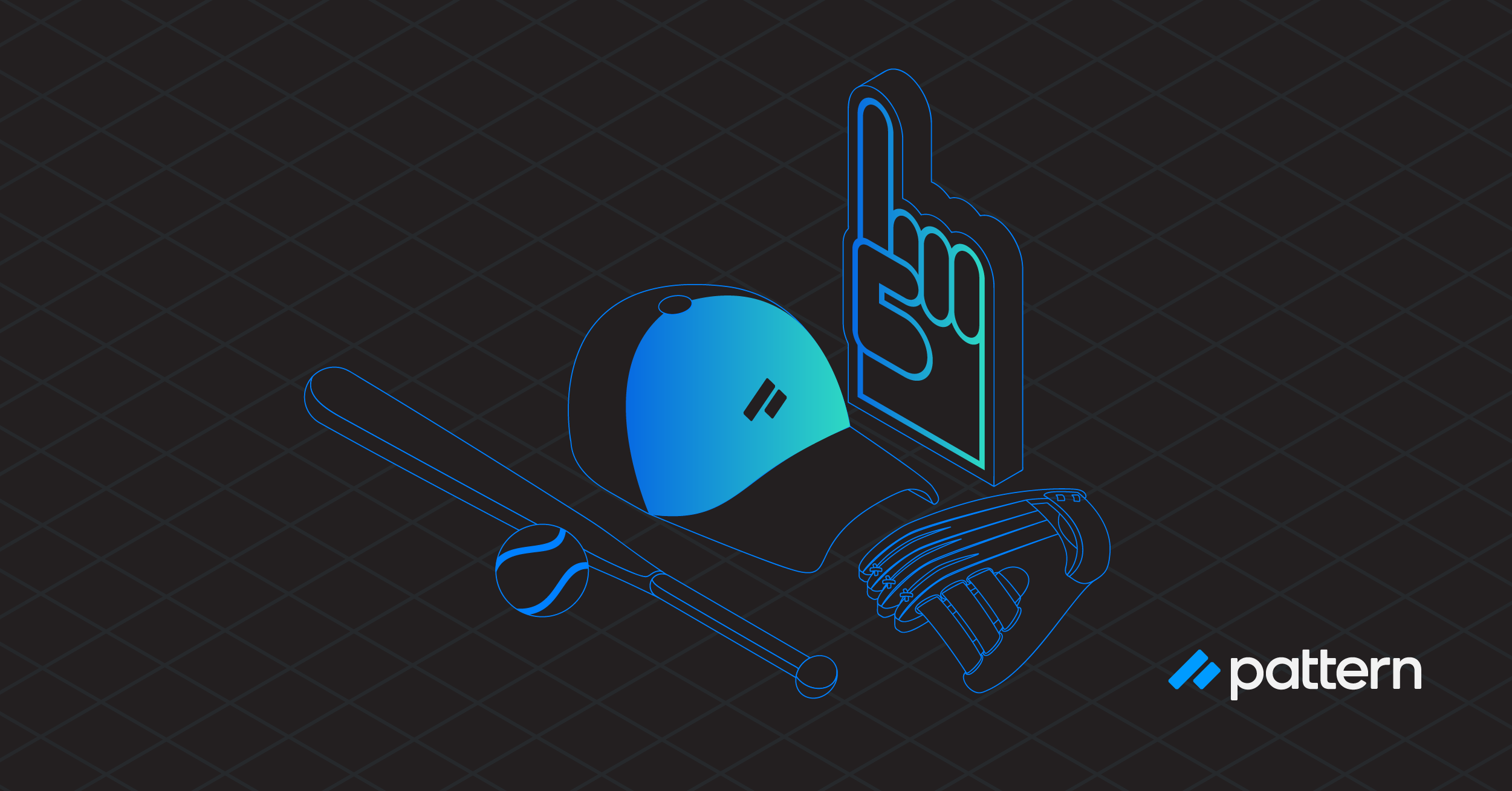 Depiction of a baseball hat, a foam finger, a baseball bat, and a catcher's mitt.