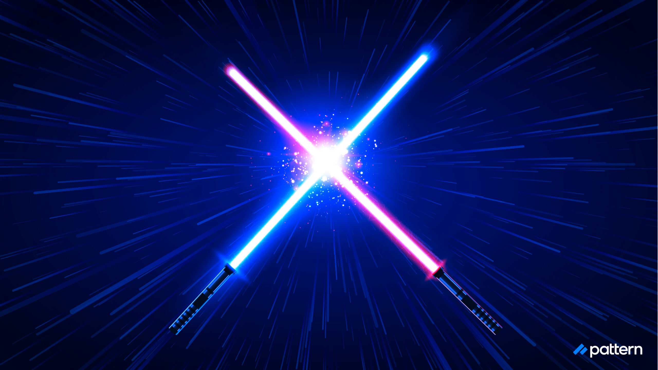 A blue lightsaber and a red lightsaber clashing to create an x-shape