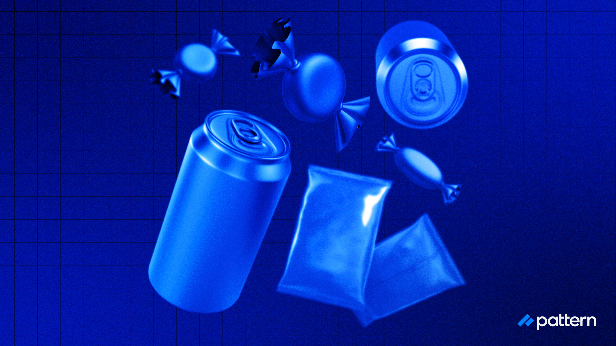 Solid color depictions of the shape of snack foods such as soda cans, chip bags, and candy wrappers.